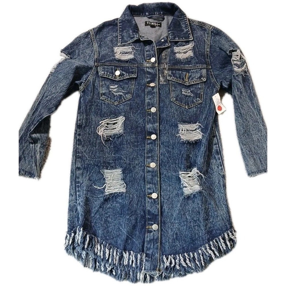 Thrill Womens Denim Duster/Dress Small Distressed‎ Ripped Long Jean Jacket